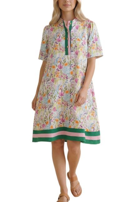 Half Band Button Down Floral Print Dress