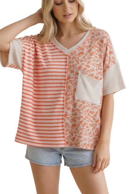V Neck Stripe, Floral Print Color Block Top