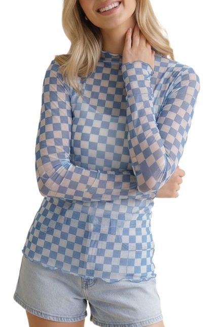 High Neck Checker Mesh Semi Sheer Top