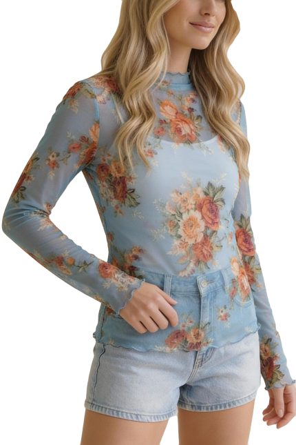 High Neck Semisheer Top W/frilled Merrow Hem