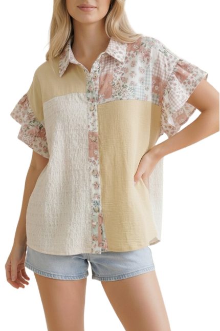 Button Down Floral, Solid Woven Colorblock Blouse