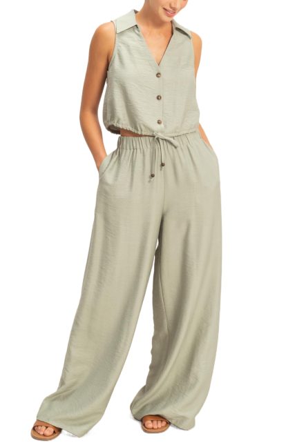 Button Front Vest & Elastic Pants Set