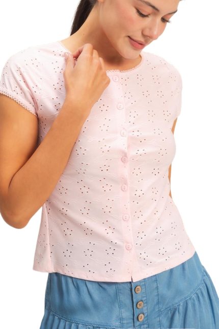 Eyelet Button Front Knit Top