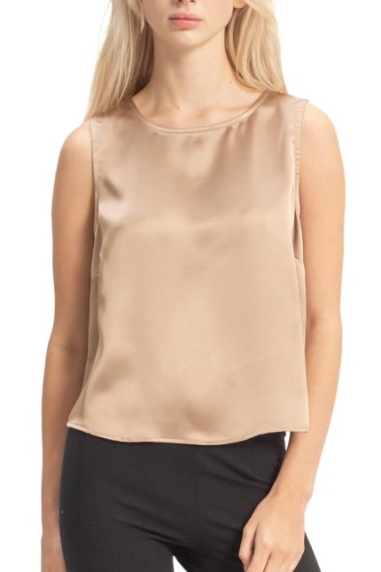 Satin Sleeveless Round Neck Top With Back Keyhole
