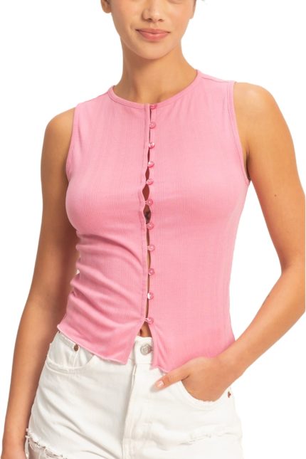 Sleeveless Pointelle Button Front Top