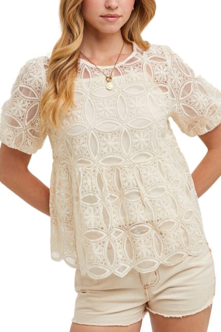 Balloon Sleeved Sheer Crochet Babydoll Top