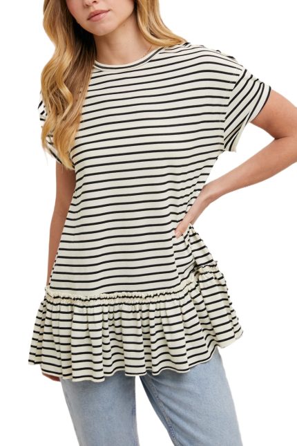 Striped Ruffled Hem T-shirt Tunic Knit Top