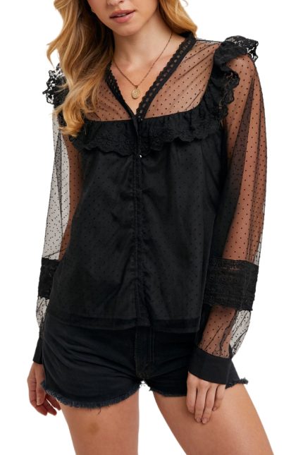 Button Down Polka Dot Sheer Ruffled Blouse