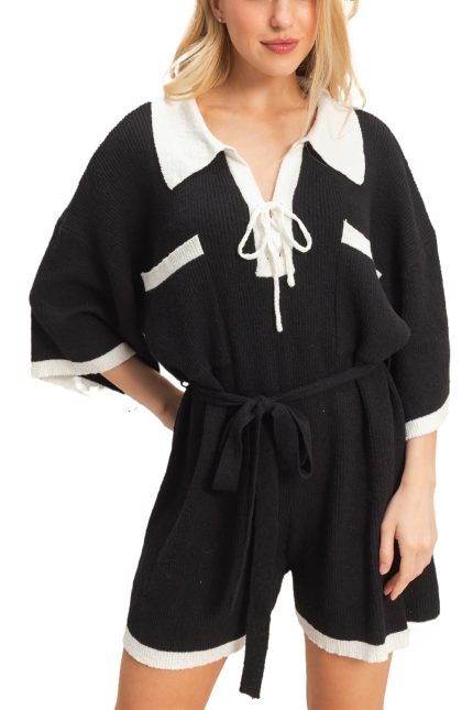 Knit Romper With Contrast Tie