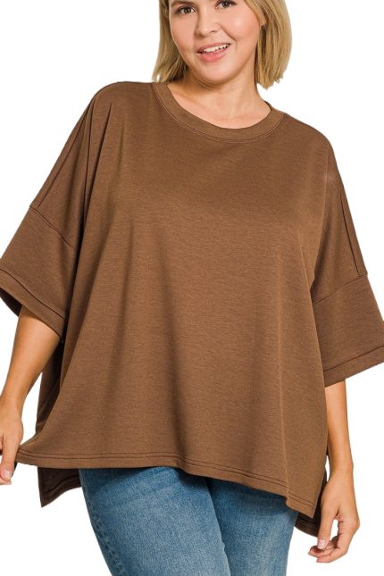 Plus Scuba Round Neck Top With Side Slits