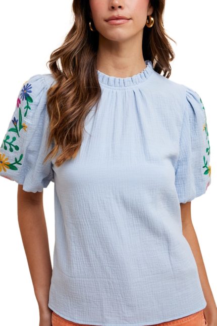 Floral Embroidered Balloon Sleeve Cotton Gauze Blouse