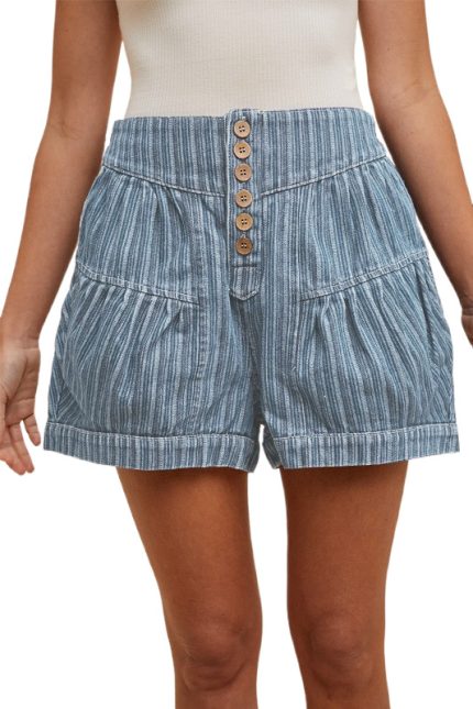 Striped Button Closure Denim Shorts