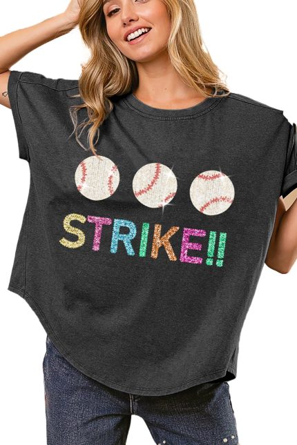 Sequin Baseballs Strike Washed Short Sleeve Top