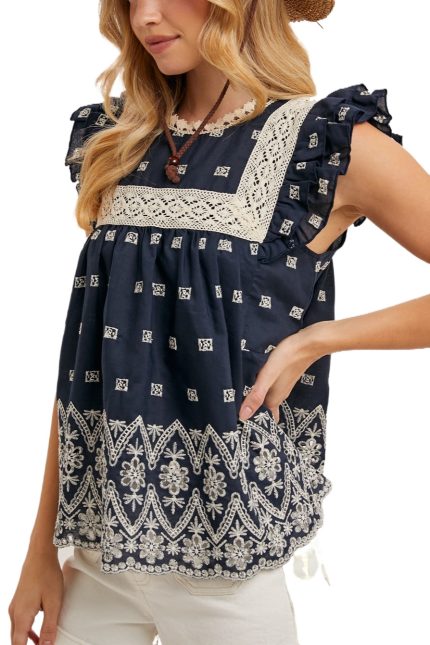 Boho Floral Embroidered Blouse Top