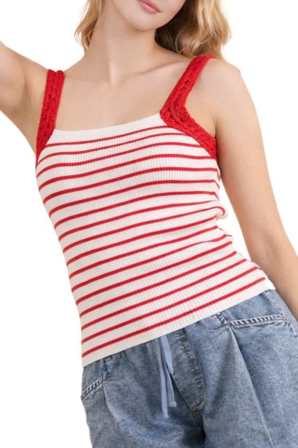 Crochet Sleeve Striped Knit Tank Top