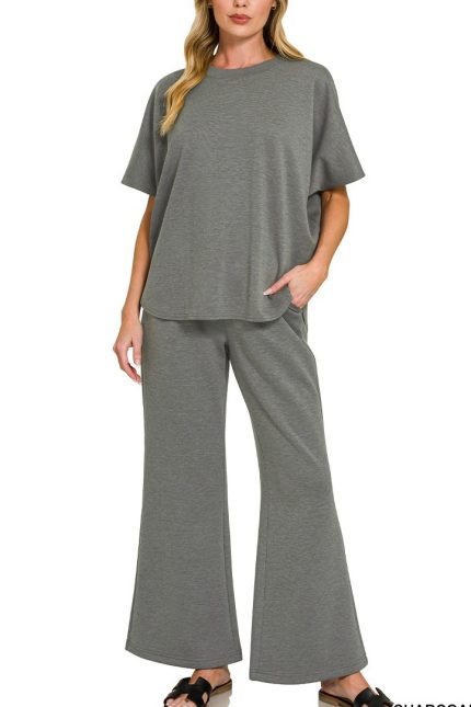 Scuba Curbed Hem Top And Pants Set