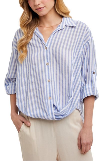 Striped Button Down Knotted Front Shirt