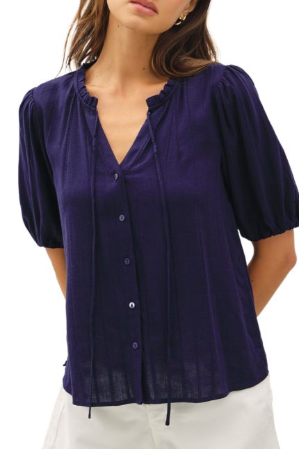 Linen Blended Ruffle Trim Front Tie Blouse