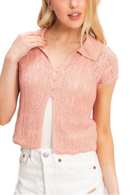 Pointelle Knit Collared Cardigan