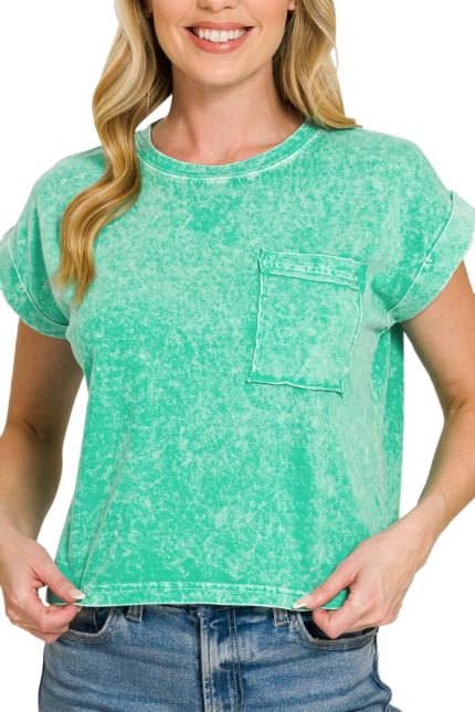 Halo Snow Washed Cotton Cuffed Short Sleeve Top