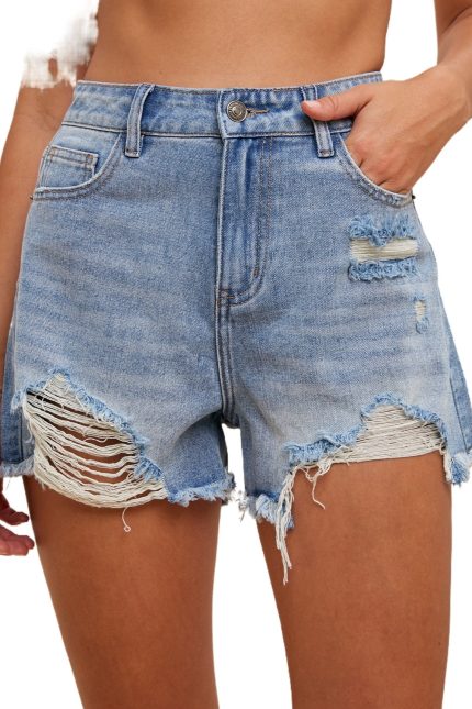 High Rise Distressed Rigid Denim Shorts