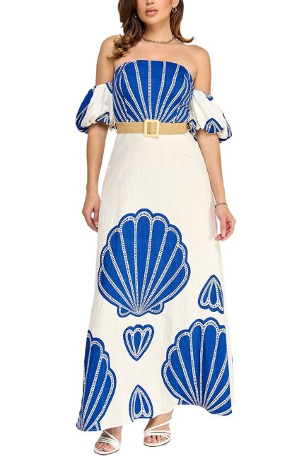 Border Printed Off Shoulder Maxi Dress