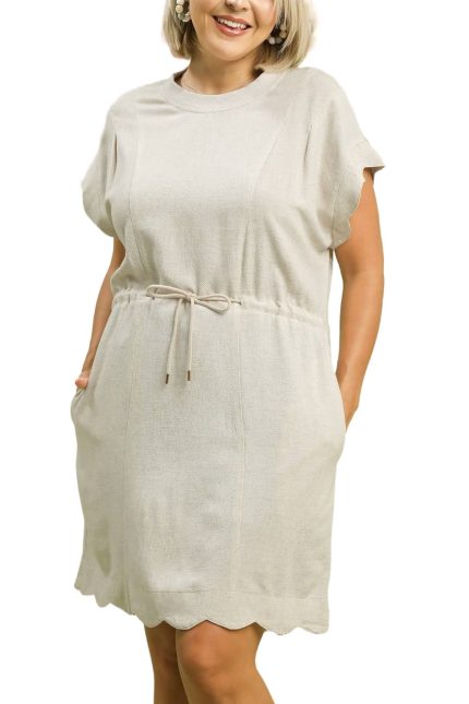 Plus Linen Blend Scallop Hem Mini Dress