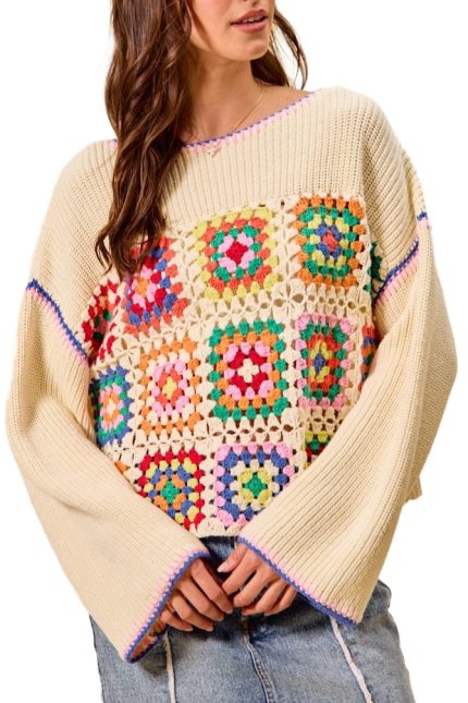 Multi Color Granny Crochet Lace Sweater Top