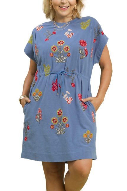 Plus Embroidered Floral Mini Dress With Waist Tie