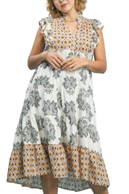 Plus Size Ruffle Sleeve Mixed Print Midi Dress