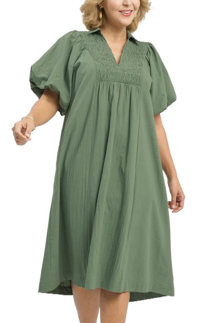 Plus Smocked Front Yoke Midi Dress