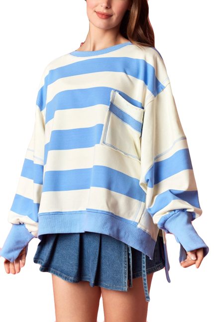 Striped Color Block Pocket Terry Sweatshirt