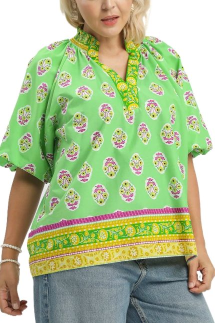 Plus Boho Border Print Peasant Top