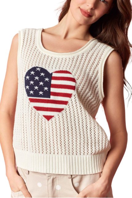 Heart Usa Flag Net Knit Scoop Vest Top