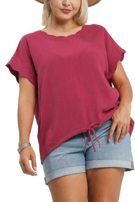 Plus Size Linen Blend Rolled Sleeve Top