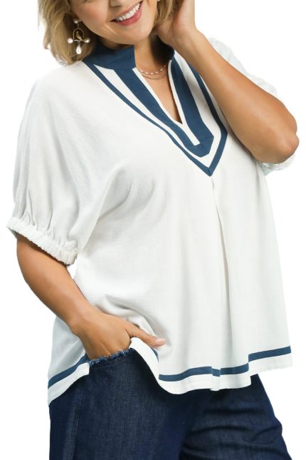 Plus Linen Contrast Trim V-neck Blouse