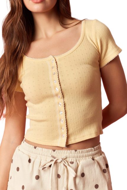 Scallop Embroidered Pointelle Rib Button Top
