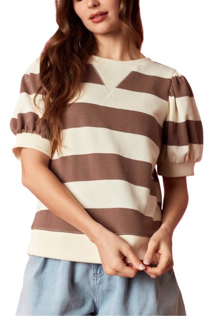 Wide Stripe Terry Puff Sleeve V Shape Neck Top