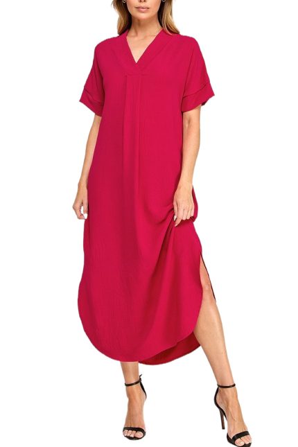 V Neck Placket Dolphin Hem Maxi Dress