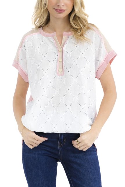 Color Block Short Sleeve Waffle Knit Henley Top