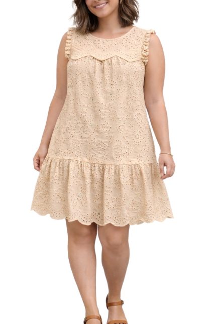 Plus Eyelet Ruffle Sleeve Drop Waist Mini Dress