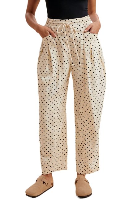 Linen Blend Polka Dot Barrel Leg Pants