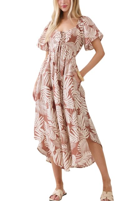Tropical Print Front Ruched Tie Dress