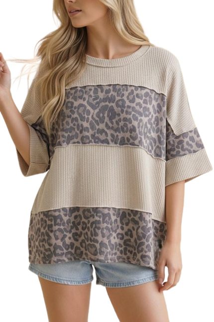 Rib Leopard Print Loose Fit Color Block Knit Top