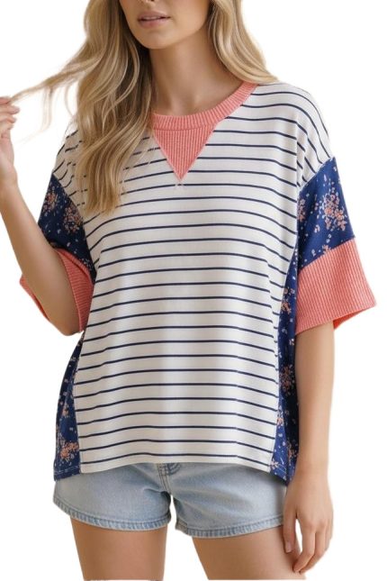 Yarn Dye Stripe Rib And Floral Oversized Top