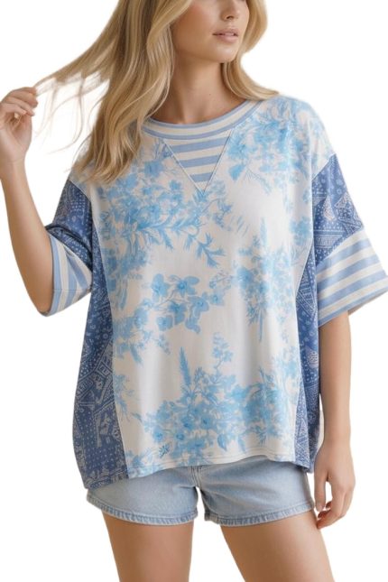 Floral Stripe Boho Color Block Loose Fit Top