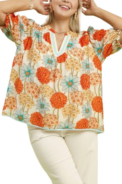 Plus Floral Print Puff Sleeve Top