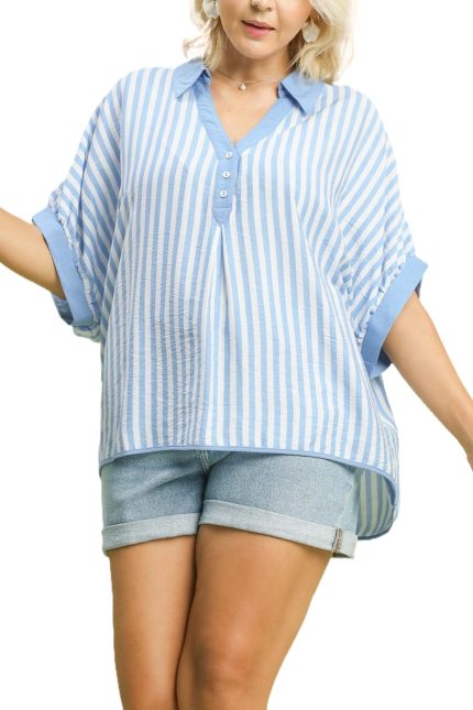 Plus Stripe Collared Oversized Top