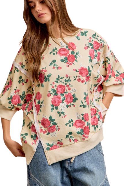 Rose Printed Terry Open Seam Half Sleeves Top