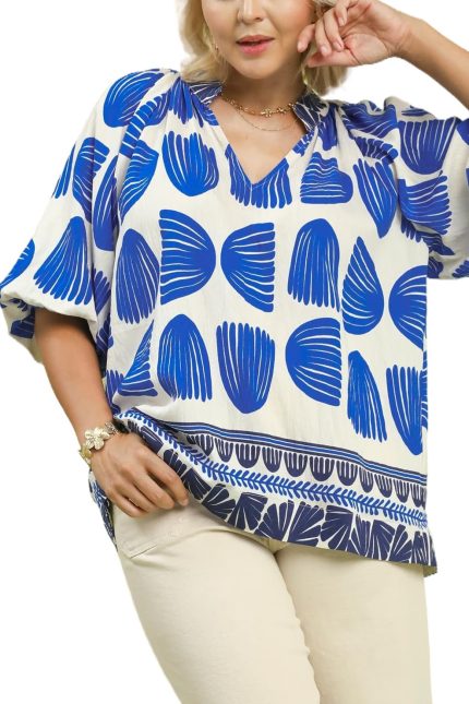 Plus Shell Block Border Print V-neck Blouse